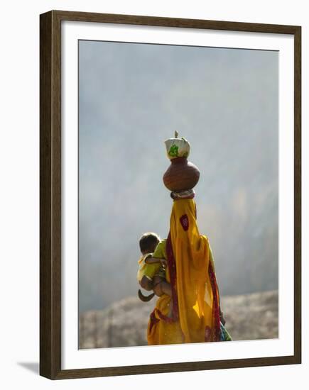 Village Woman Carrying Baby and Load on the Head, Udaipur, Rajasthan, India-Keren Su-Framed Premium Photographic Print