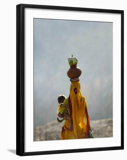 Village Woman Carrying Baby and Load on the Head, Udaipur, Rajasthan, India-Keren Su-Framed Premium Photographic Print