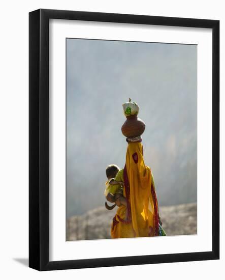 Village Woman Carrying Baby and Load on the Head, Udaipur, Rajasthan, India-Keren Su-Framed Photographic Print