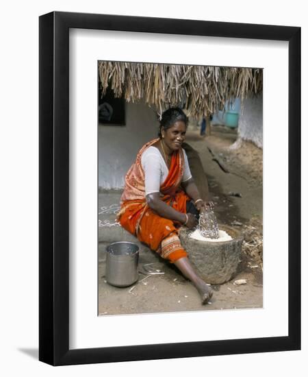 Village Woman Pounding Rice, Tamil Nadu, India-Occidor Ltd-Framed Photographic Print