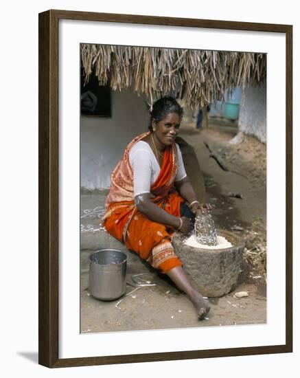 Village Woman Pounding Rice, Tamil Nadu, India-Occidor Ltd-Framed Photographic Print