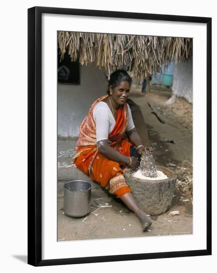 Village Woman Pounding Rice, Tamil Nadu, India-Occidor Ltd-Framed Photographic Print