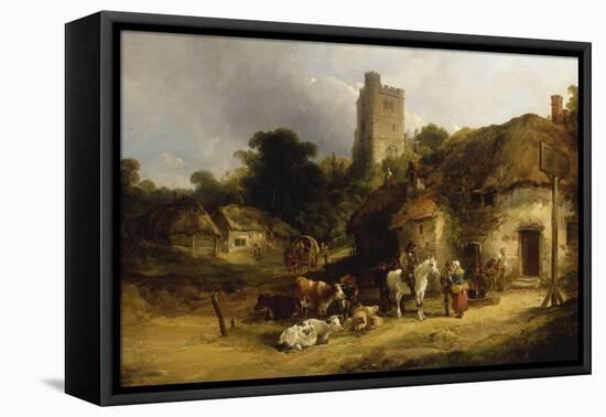 Villagers with their Animals outside the Plough Inn-William Shayer-Framed Stretched Canvas