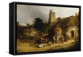 Villagers with their Animals outside the Plough Inn-William Shayer-Framed Stretched Canvas