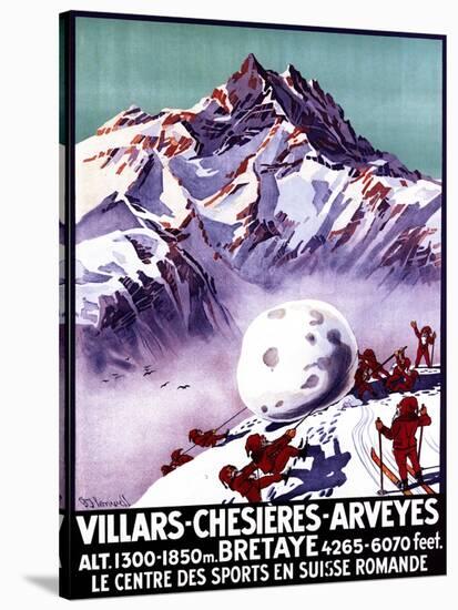 Villars, Switzerland - Naughty Gnomes Making Giant Snowball Poster-Lantern Press-Stretched Canvas