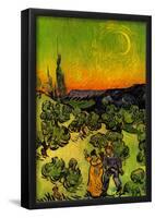 Vincent Van Gogh Landscape with Couple Walking and Crescent Moon Art Print Poster-null-Framed Poster
