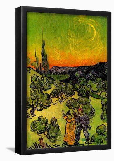 Vincent Van Gogh Landscape with Couple Walking and Crescent Moon Art Print Poster-null-Framed Poster