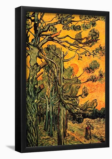 Vincent Van Gogh Pine Trees against a Red Sky with Setting Sun Art Print Poster-null-Framed Poster