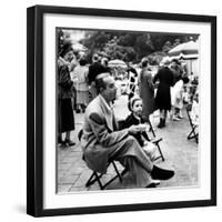 Vincente Minnelli with coffee sitting in chair with Daughter Liza at Outdoor Children's Party Being-J^ R^ Eyerman-Framed Premium Photographic Print