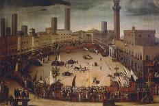 Siena, Italy, Public Entertainment in Square with Bulls, Bear and Wooden Contraptions-Vincenzo Rustici-Framed Giclee Print