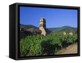Vines in Vineyards and Tower of the Church of Ste. Croix, Kaysersberg, Haut-Rhin, Alsace, France-Ruth Tomlinson-Framed Stretched Canvas