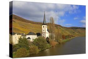 Vineyards and church near Piesport, Moselle Valley, Rhineland-Palatinate, Germany, Europe-Hans-Peter Merten-Stretched Canvas