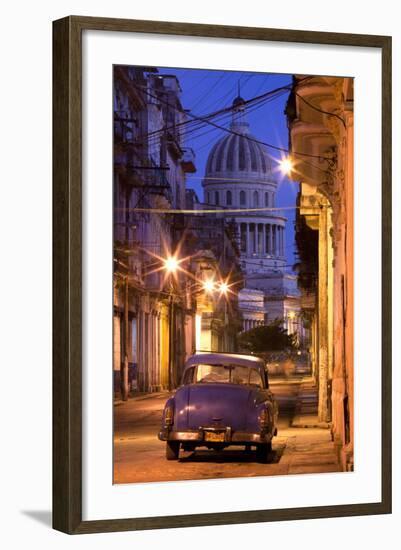 Vintage American Car Parked on Floodlit Street with the Capitolio in the Background-Lee Frost-Framed Photographic Print