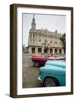 Vintage American Cars Parked Outside the Gran Teatro (Grand Theater), Havana, Cuba-Yadid Levy-Framed Photographic Print