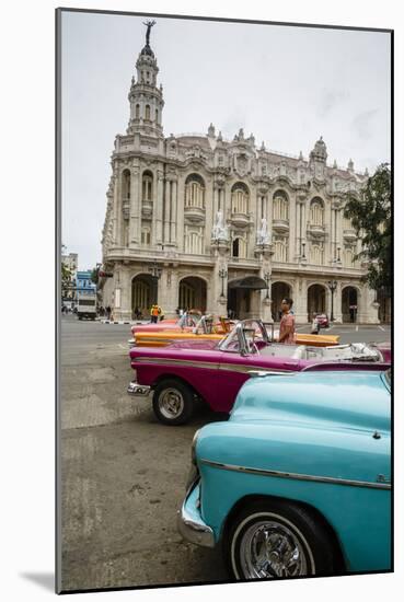 Vintage American Cars Parked Outside the Gran Teatro (Grand Theater), Havana, Cuba-Yadid Levy-Mounted Photographic Print