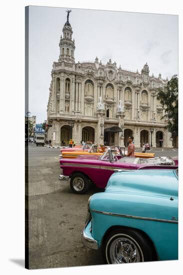 Vintage American Cars Parked Outside the Gran Teatro (Grand Theater), Havana, Cuba-Yadid Levy-Stretched Canvas
