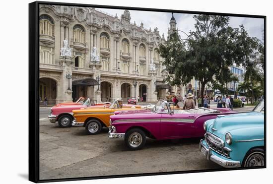 Vintage American Cars Parking Outside the Gran Teatro (Grand Theater), Havana, Cuba-Yadid Levy-Framed Stretched Canvas
