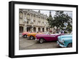 Vintage American Cars Parking Outside the Gran Teatro (Grand Theater), Havana, Cuba-Yadid Levy-Framed Photographic Print