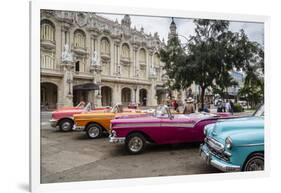 Vintage American Cars Parking Outside the Gran Teatro (Grand Theater), Havana, Cuba-Yadid Levy-Framed Photographic Print