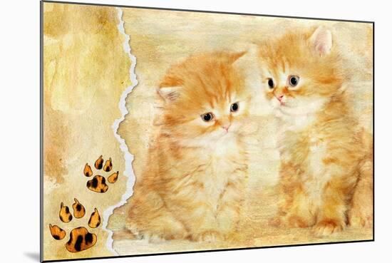 Vintage Background With Paper Border And Kittens Picture-Maugli-l-Mounted Art Print