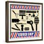 Vintage Barber And Hairdresser Silhouette Set-radubalint-Framed Premium Giclee Print