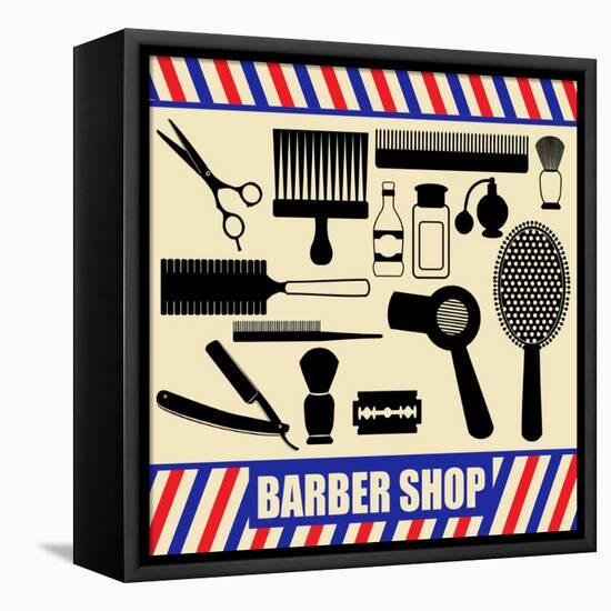 Vintage Barber And Hairdresser Silhouette Set-radubalint-Framed Stretched Canvas