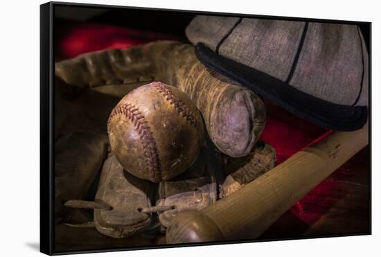 Vintage baseball paraphernalia laid out carefully painted with light-Sheila Haddad-Framed Stretched Canvas