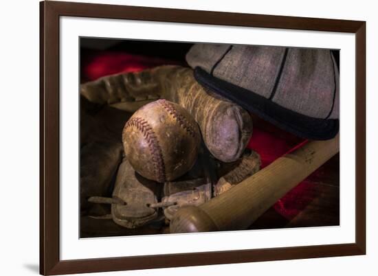 Vintage baseball paraphernalia laid out carefully painted with light-Sheila Haddad-Framed Premium Photographic Print