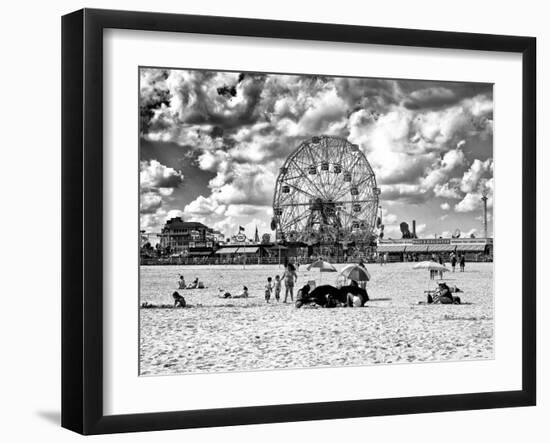 Vintage Beach, Black and White Photography, Wonder Wheel, Coney Island, Brooklyn, New York, US-Philippe Hugonnard-Framed Premium Photographic Print