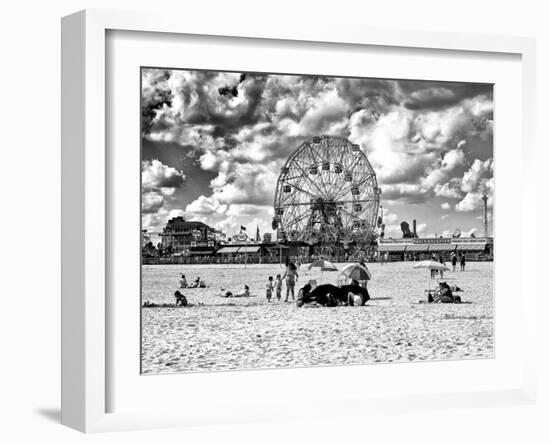 Vintage Beach, Black and White Photography, Wonder Wheel, Coney Island, Brooklyn, New York, US-Philippe Hugonnard-Framed Premium Photographic Print