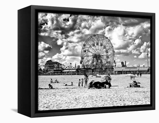 Vintage Beach, Black and White Photography, Wonder Wheel, Coney Island, Brooklyn, New York, US-Philippe Hugonnard-Framed Stretched Canvas