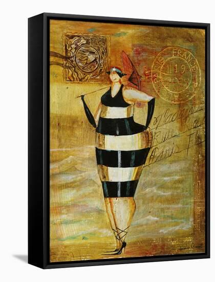 Vintage Beach Girl Black Stripes-Jennifer Garant-Framed Stretched Canvas