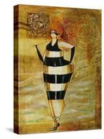 Vintage Beach Girl Black Stripes-Jennifer Garant-Stretched Canvas