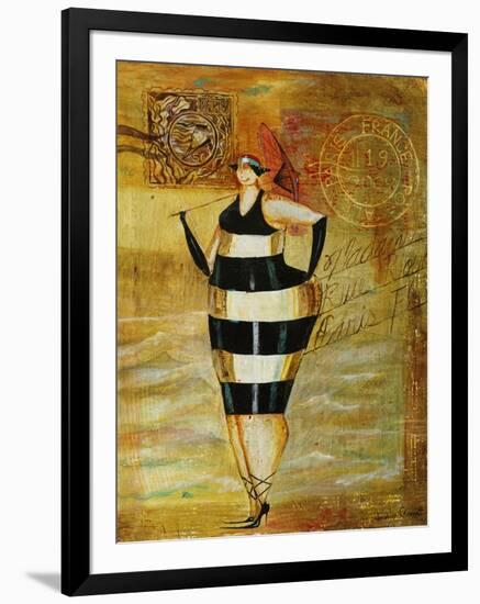 Vintage Beach Girl Black Stripes-Jennifer Garant-Framed Giclee Print