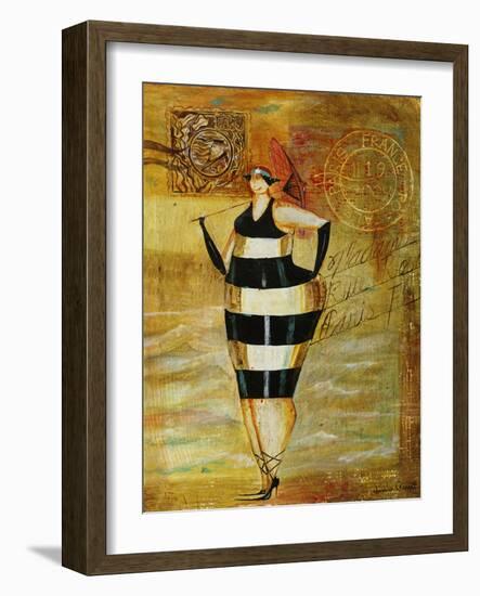 Vintage Beach Girl Black Stripes-Jennifer Garant-Framed Giclee Print