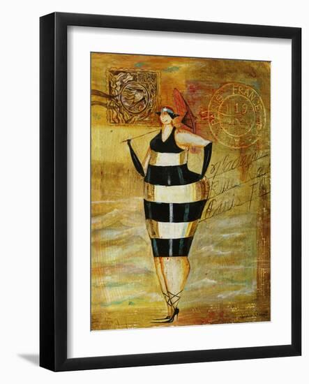 Vintage Beach Girl Black Stripes-Jennifer Garant-Framed Giclee Print