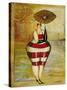 Vintage Beach Girl Red Stripes-Jennifer Garant-Stretched Canvas