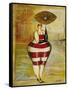 Vintage Beach Girl Red Stripes-Jennifer Garant-Framed Stretched Canvas