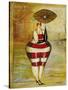 Vintage Beach Girl Red Stripes-Jennifer Garant-Stretched Canvas