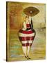 Vintage Beach Girl Red Stripes-Jennifer Garant-Stretched Canvas
