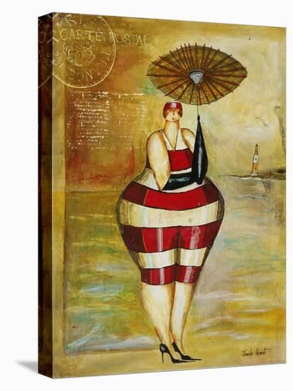 Vintage Beach Girl Red Stripes-Jennifer Garant-Stretched Canvas