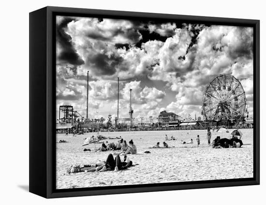 Vintage Beach, Wonder Wheel, Black and White Photography, Coney Island, Brooklyn, New York, US-Philippe Hugonnard-Framed Stretched Canvas