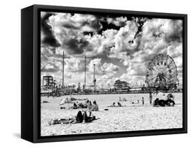 Vintage Beach, Wonder Wheel, Black and White Photography, Coney Island, Brooklyn, New York, US-Philippe Hugonnard-Framed Stretched Canvas