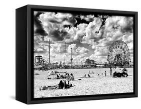 Vintage Beach, Wonder Wheel, Black and White Photography, Coney Island, Brooklyn, New York, US-Philippe Hugonnard-Framed Stretched Canvas