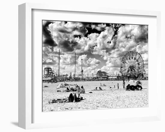 Vintage Beach, Wonder Wheel, Black and White Photography, Coney Island, Brooklyn, New York, US-Philippe Hugonnard-Framed Premium Photographic Print