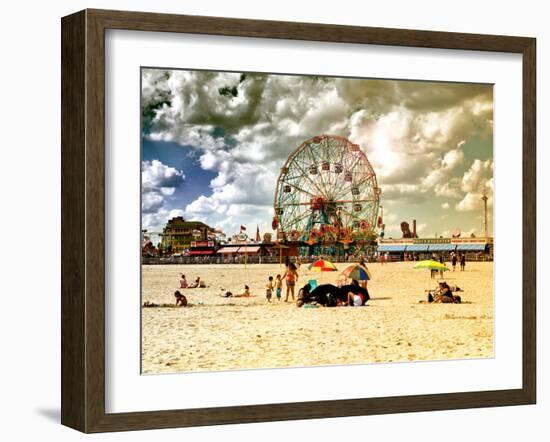 Vintage Beach, Wonder Wheel, Coney Island, Brooklyn, New York, United States-Philippe Hugonnard-Framed Premium Photographic Print