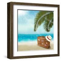 Vintage Beautiful Seaside With Suitcase And A Hat-almoond-Framed Art Print