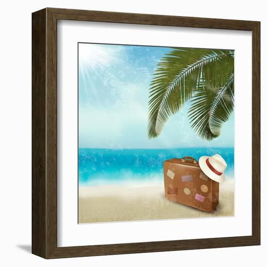 Vintage Beautiful Seaside With Suitcase And A Hat-almoond-Framed Art Print