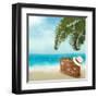 Vintage Beautiful Seaside With Suitcase And A Hat-almoond-Framed Art Print