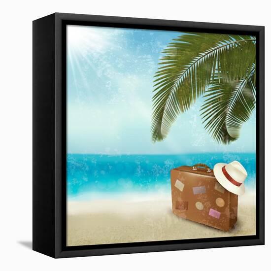 Vintage Beautiful Seaside With Suitcase And A Hat-almoond-Framed Stretched Canvas